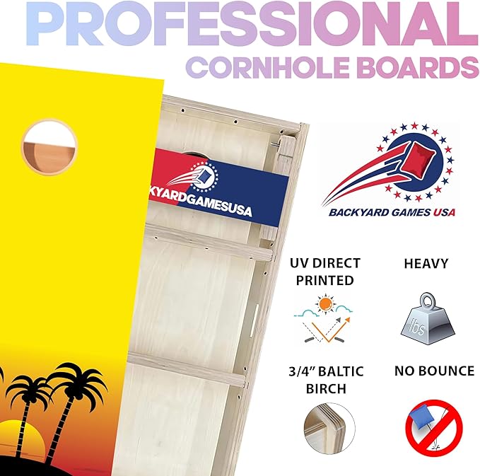 CornholeGamesUSA Pro Cornhole Boards Set | Made in USA | 3/4 Baltic Birch | No Bounce | Triple Thick Legs | Two Brace & Handles, Tournament 2x4 Regulation Set with Score Tower & Cornhole Bags