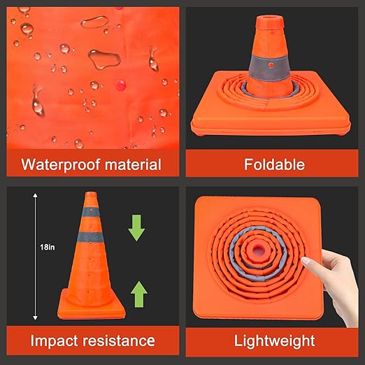 [10 Pack]18 Inch Collapsible Traffic Safety Cones - Parking Cones with Reflective Collars, Orange Safety Cones for Parking lot, Driveway, Driving Training etc