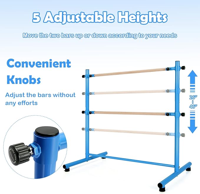 GOFLAME Double Ballet Barre Portable, 47” Freestanding Dancing Barre with 5 Adjustable Heights, Beech Wood Ballet Bar, Fitness Stretching Dancing Bar for Home, Gym, Dancing Room