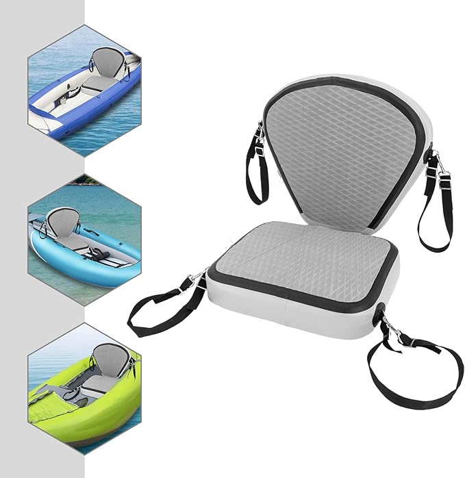 Kayak Seat Inflatable Padded Boating Seat PVC Portable Thicken Seat Cushion w/Back Support Adjustable Strap for Kayaking Canoeing Drifting Rafting Fishing Adolescents and Adults (Grey)