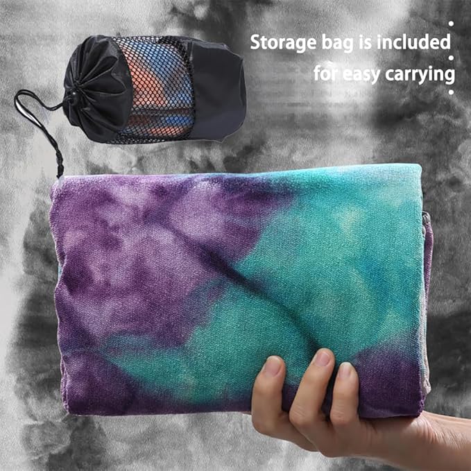 Tie-Dye Hot Yoga Towel with Non-Slip Grip Dots, Microfiber Yoga Mat Sweat Absorbent Mat Cover for Yoga, Pilates, & Workouts - 72" x 24.8", Free Carry Bag (Purple)