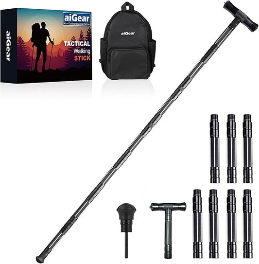 aiGear Hiking Walking Stick with 3 Survival Tool Tactical Walking Staff Adjustable Outdoor Trekking Poles for Survival Camping Hiking