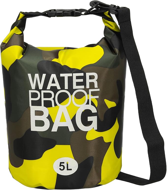 Waterproof Dry Bag, 5L Fit for Women Men Water Proof Bags Lightweight Dry Storage Floating Backpack with Whistle for Travel Boating Kayaking (Yellow Camouflage)