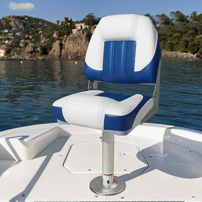 Elite Folding Boat Seat Low Back Boat Seating Fold-Down Fishing Boat Seat, 2 Pack, White/Blue