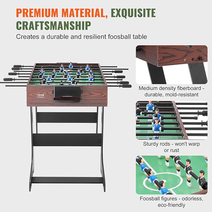 VEVOR Folding Foosball Table, 42 inch Standard Size Foosball Table, Indoor Full Size Foosball Table for Home, Family, and Game Room, Soccer with Foosball Table Set, Includes 2 Balls, walnut