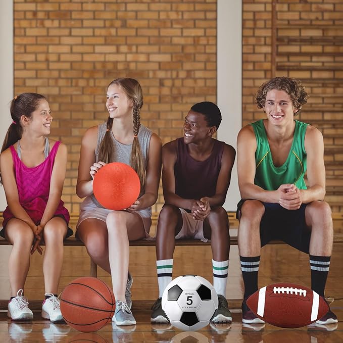 Lenwen 4 Pcs Sports Balls Set, Include Official Size Basketball Soccer Football Playground Ball Pump Equipment Bag Recess Equipment Sport for Teen Adult Gift Back to School