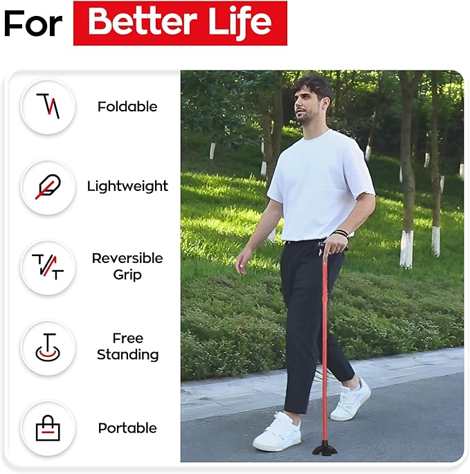 Walking Cane for Women, Extended Grip; Solid Base; Foldable; Adjustable Heights; Lightweight; Free Standing; Portable Canes for Men for Stability (Red)