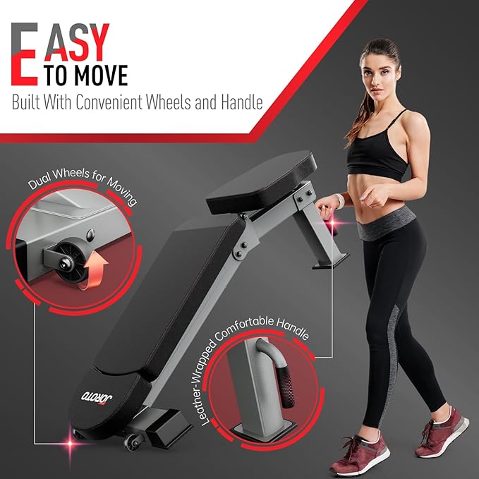 JOROTO MD80 Adjustable Weight Bench, 1000LB Heavy Duty Workout Bench Press for Home Gym, Commercial Grade Flat Incline Decline Strength Training Utility Bench with Wheels and Extended Backrest