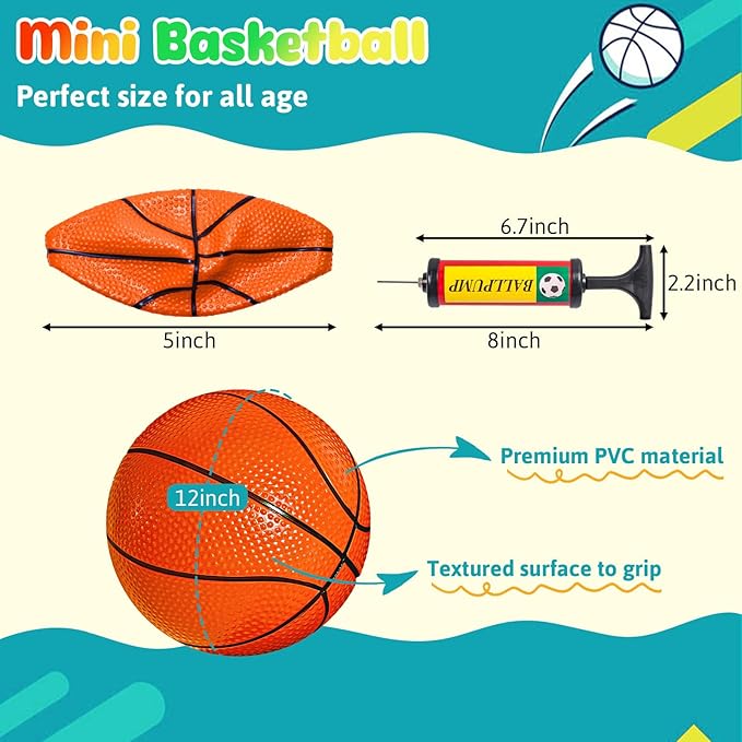 Shindel 6PCS Mini Basketballs, 4.7 inches Inflatable Rubber Basketballs with Pump for Mini Hoop for Kids Indoor Outdoor Play
