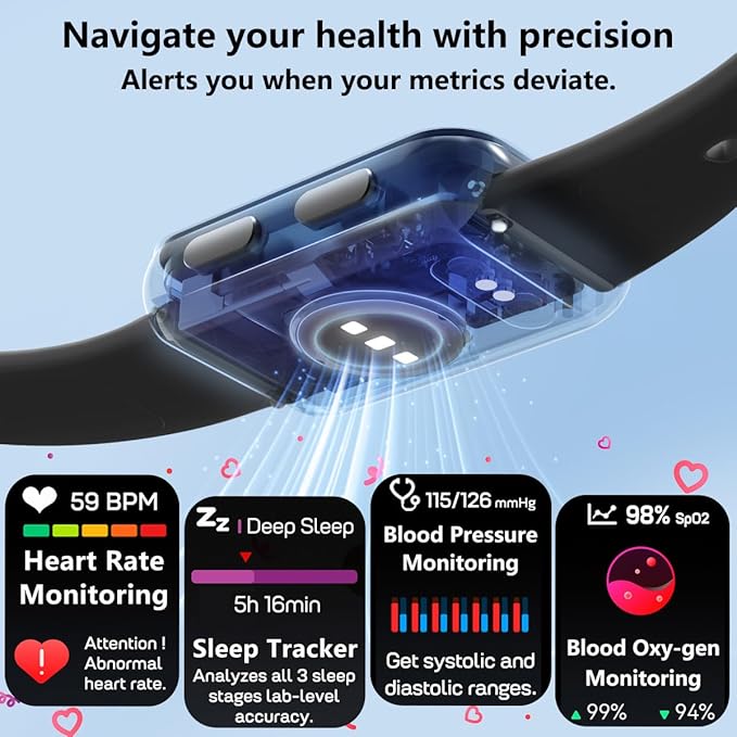 MorePro Health Fitness Tracker with Blood oxy-gen Monitor and 24/7 Heart Rate and Blood Pressure, Sleep Monitor, 120+ Sport Modes Waterproof Fitness Watch for Women Men Android iOS, Black