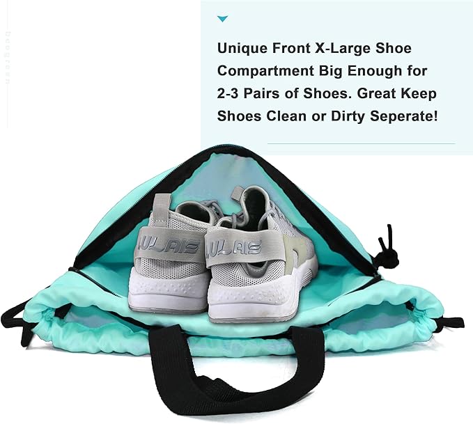 BeeGreen Drawstring Backpack Bag with Shoe Compartment, X-Large Black Gym Sports String Cinch Backpack