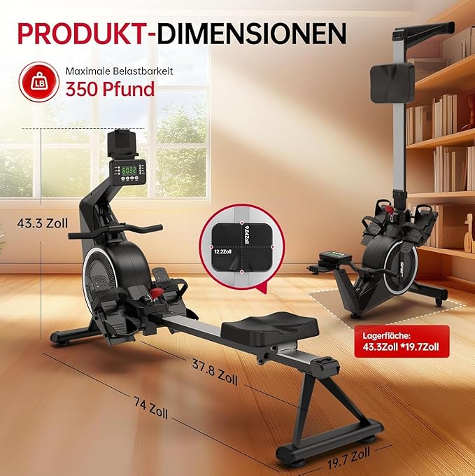 Air Magnetic Rowing Machines for Home BW5 Commercial Rower Machine Max Load 350LB 10-Level Resistance Easy Assembly Bluetooth LED Monitor Adjustable Tablet Stand Fit for Whole Family