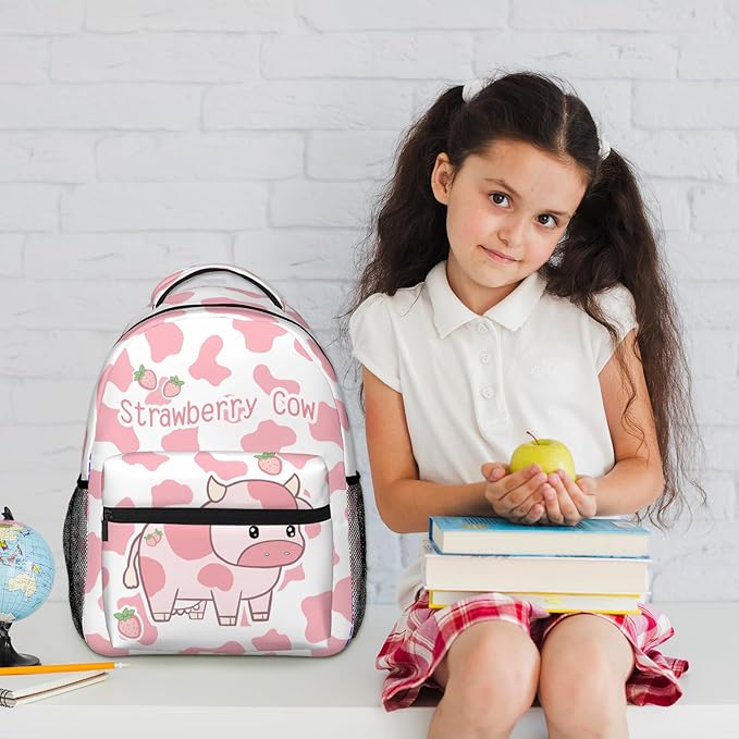 Cute Pink Strawberry Cow Print Backpack for Boys Girls Bookbags Lightweight Adjustable Elementary Middle High School Bags for Kids Children Teenagers Travel Daypack Laptop Hiking Backpacks