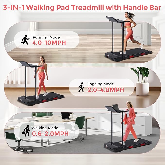Portable Walking Pad Treadmill with Handle Bar, Foldable Folding Walking Pads Treadmills for Home with Handles