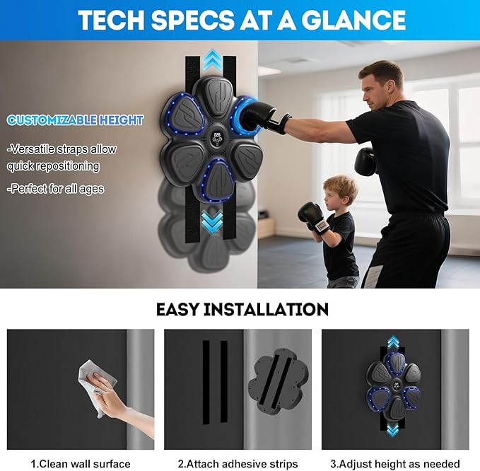 Music Boxing Machine, Bluetooth Punching Machine with Music, Wall-Mounted Punching Pad, LED Boxing Trainer with Gloves