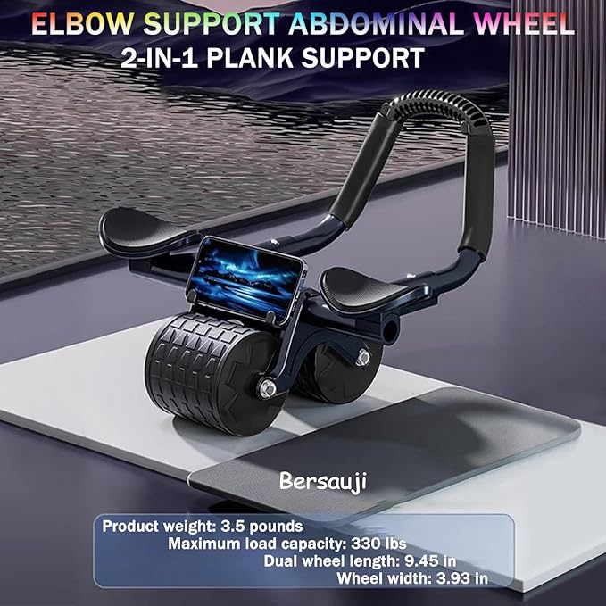 Bersauji 2025 New Ab Roller Wheel with Knee Mat &Timer, Automatic Rebound Abdominal Wheel, Ab Abdominal Exercise Roller with Elbow Support, Abs Workout Equipment Ab Exercise Roller for Women Men.