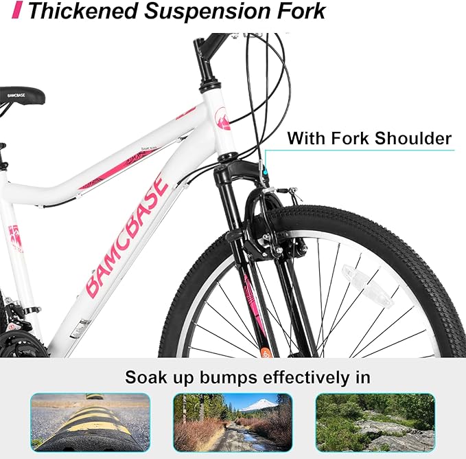 HILAND 26 Inch Womens and Mens Mountain Bike, 21 Speed Steel Frame Adult Bicycle, MTB Bikes with Suspension Fork, Purple Green White