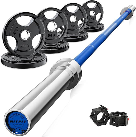 RitFit Barbell Weight Set - 4/6FT Olympic Barbell with Weight Plates (55-275LB Total) - Weightlifting Equipment for Squats, Curls, Deadlifts, Presses, Hip Thrusts