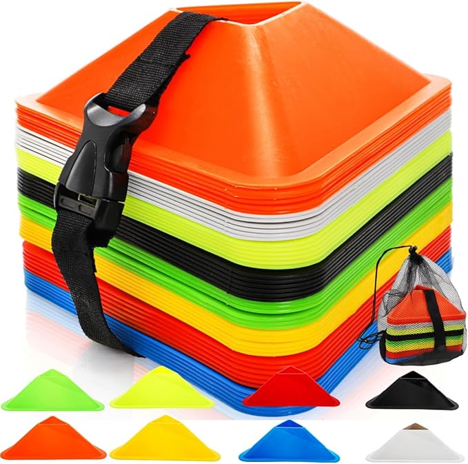 48 Pack Triangle Soccer Cones, Flexible Agility Cones with Carry Bag and Strap, Sports Drill Cones for Training, Plastic Traffic Marker Cones for Football Basketball Coaching, 8 Colors
