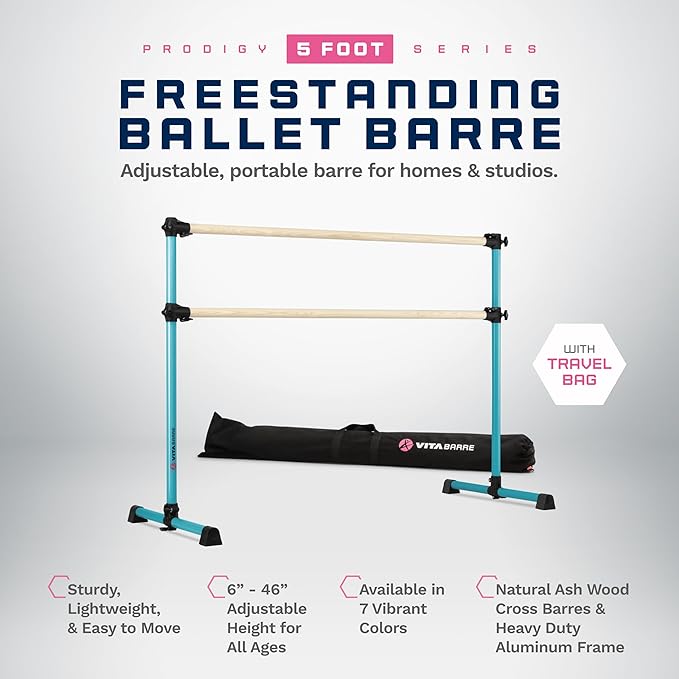 VITA Barre Portable Freestanding Double Ballet Barre, Prodigy, with Carry Bag | Adjustable Height, USA Made, Home or Gym Exercise Equipment for Kids & Adults | Dance, Fitness, Pilates