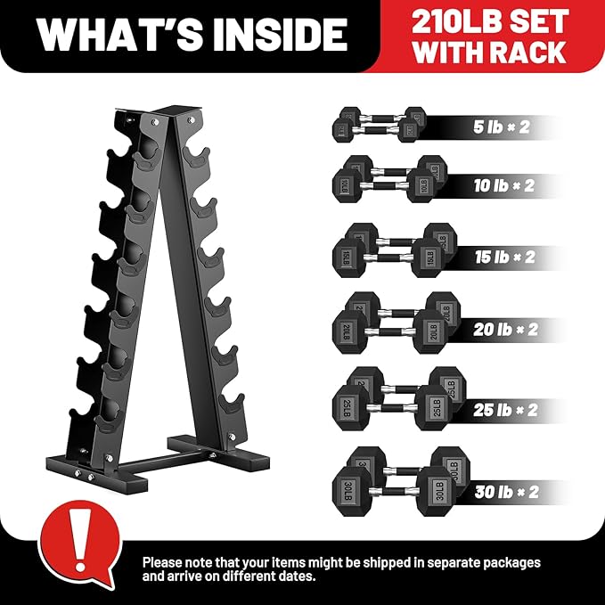 PAPABABE Dumbbell Set with Rack, Rubber Encased Hex Dumbbell Free Weights Dumbbells Set with Storage Rack, Home Weight Set