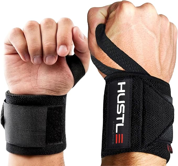 Hustle Athletics Wrist Wraps for Weightlifting, USPA-Approved Wrist Support Weight Lifting Wraps, Premium Hook-and-Loop, 12 in or 18 in Heavy-Duty Cotton-Elastic Support for Powerlifting & Bench Press