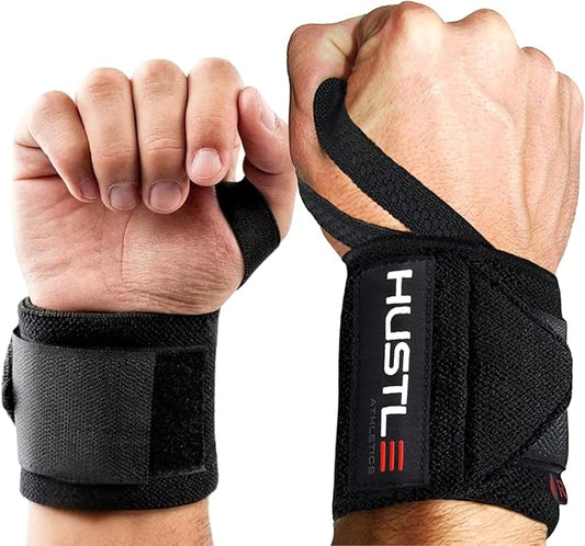 Hustle Athletics Wrist Wraps for Weightlifting, USPA-Approved Wrist Support Weight Lifting Wraps, Premium Hook-and-Loop, 12 in or 18 in Heavy-Duty Cotton-Elastic Support for Powerlifting & Bench Press