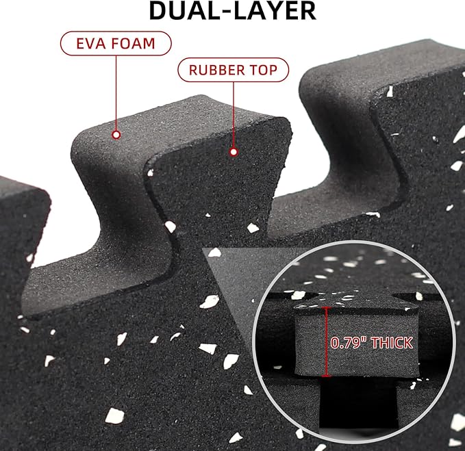 0.79in Extra-Thick 48 Sq Ft Exercise Equipment Mats, 12 Tiles Rubber Top EVA Foam Workout Mats, Interlocking Gym Flooring for Home Gym, 24 x 24in, Black & White