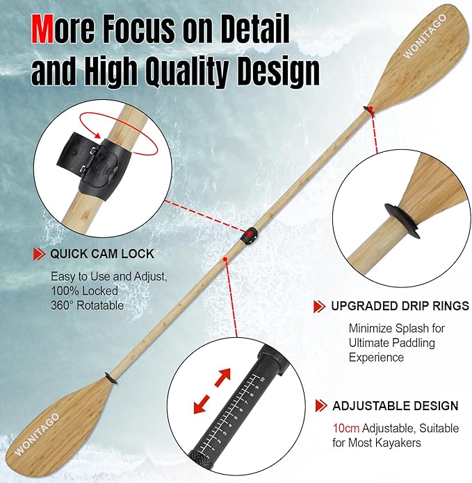 Full Carbon Fiber Kayak Paddle with Large Paddle Blade, 2-Piece, Floating Adjustable Kayak Paddles with Paddle Bag, 215-225 cm/85-89 Inches