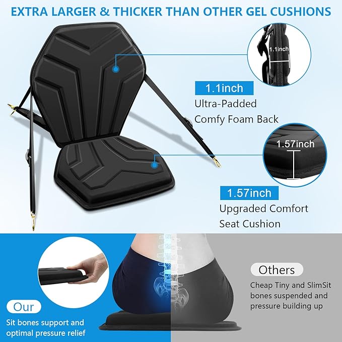 HLOGREE 6-Point Attachment - Thick Padded Kayak Seat Cushion with Back Support,Extra Cushioned Kayak Replacement Seat Universal for Hobie,Sit on Top,Lifetime,Pelican,Perception,Raised,Sit in