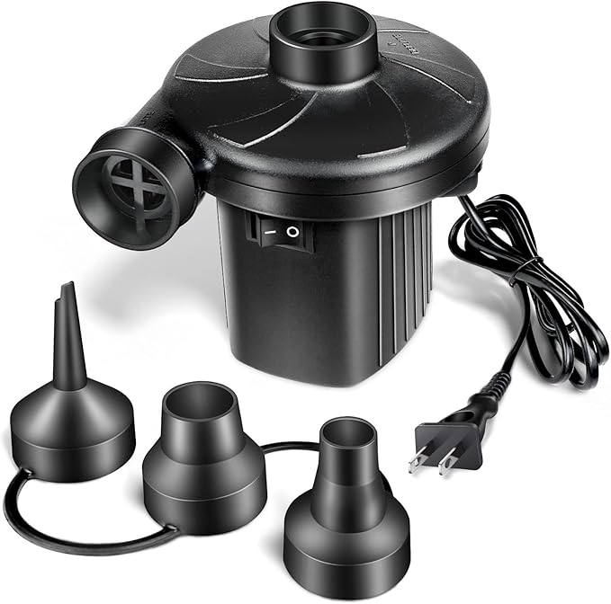 130W Electric Air Pump with 3 Nozzles Options– Fast Inflation for Small Airtight Inflatables, Pool Floaties, Swim Tubes, Camping Gear & Decorations