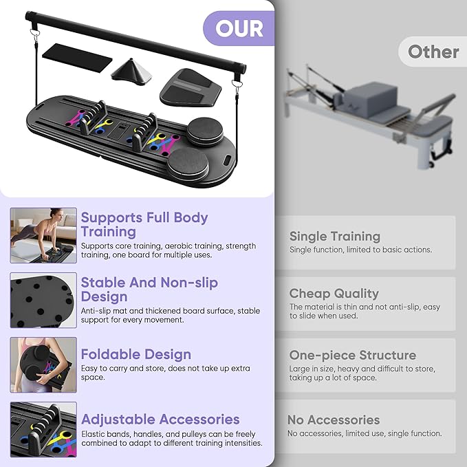 Pilates Board, Pilates Portable Reformer Machine 2025 for Home Workout, 7 in 1 Multifunctional Abdominal Board, Foldable Abs Trainer Machine, Pilates Core Workout Equipment for Women
