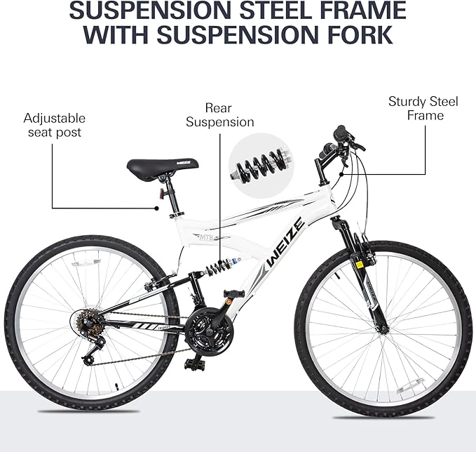 WEIZE Mountain Bike, 26/27.5 inch Outdoor Cycling Bike,18-Speed/High-Carbon Steel/Dual Full Suspension, Adjustable Ergonomic Seat for Men Women Adult, MTB Bicycle with Suspension Fork,Sleek Colors
