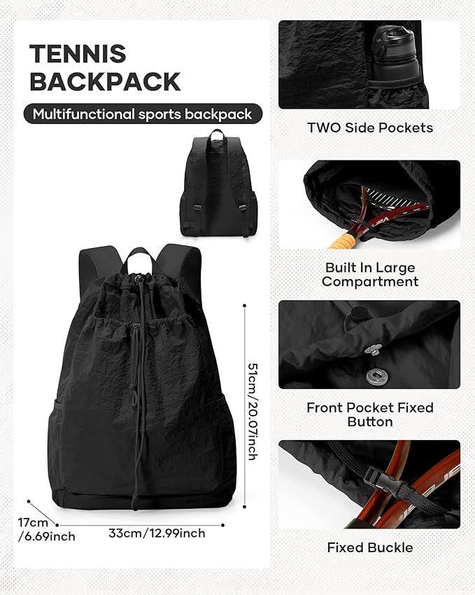Tennis Racket Bag for Women, Waterproof Tennis Badminton Backpack 2 Racquets, Drawstring Racket Case for Ball Paddles