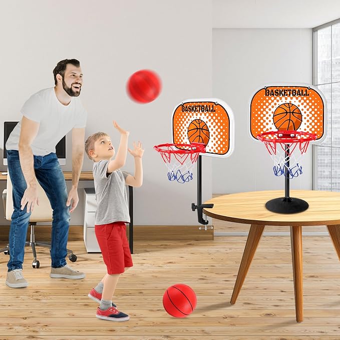 2 in 1 Mini Tabletop Basketball Hoop Indoor Desktop Basketball Hoop Set with Clips and Suction Cup with Two Balls, Portable Mini Hoops for Desk Table Office Bedroom Basketball Toys for Kids and Adult