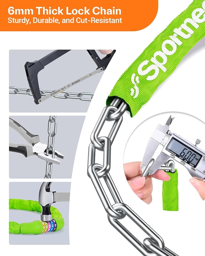 Sportneer Bike Lock: 5 Digit Combination High Security Anti Theft Bike Chain Lock - 3.2/3.6/4ft Heavy Duty Keyless Bicycle Lock for Bike, Motorcycle, Scooter, Door & Gate - 4/6mm Thick, Easy to Use