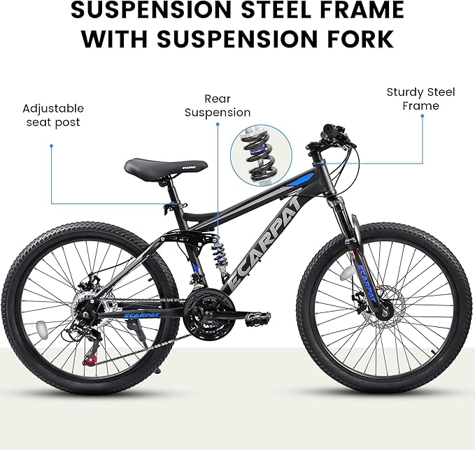 Ecarpat 24/26/27.5 Inch Mountain Bike, Dual/Front Suspension Mens Mountain Bike with 21 Speeds High-Carbon Steel Frame and Disc/V Brakes, Adult Sport Bicycle for Trail Snow Commuter City Road