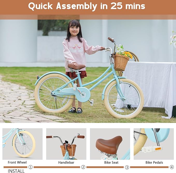 Glerc Little Molly 12-20 Inch Kids Retro Cruiser Bike for 2-13 Year Old with Wicker Basket & Training Wheels/Kickstand, Multiple Colors