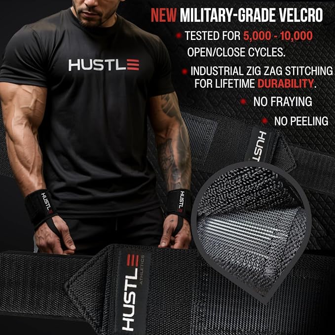 Hustle Athletics Wrist Wraps for Weightlifting, USPA-Approved Wrist Support Weight Lifting Wraps, Premium Hook-and-Loop, 12 in or 18 in Heavy-Duty Cotton-Elastic Support for Powerlifting & Bench Press