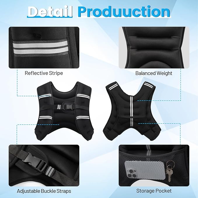 Weighted Vest, 6lb/8lb/12lb/16lb/20lb/30lb for Men, Women with Reflective Stripe, Weight Vests Adjustable for Workout, Strength Training, Running, Fitness, Muscle Building, Weight Loss