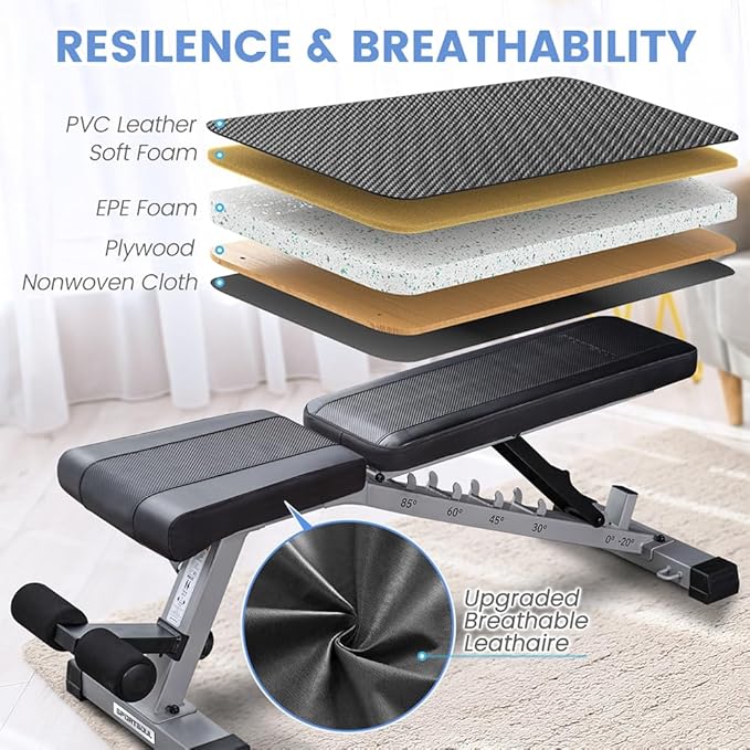 SPORTSOUL Adjustable Weight Bench Heavy Duty Fitness Bench For Weight Training, Home Gym Bench, Weightlifting and Strength Training, Upgraded Breathable Leathaire Bench Material, Black