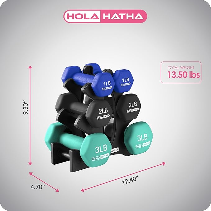HolaHatha 2, 3, 5, 8, and 10 Pound Neoprene Dumbbell Free Hand Weight Set with Rack, Ideal for Home Exercises to Gain Tone and Definition, Pastel