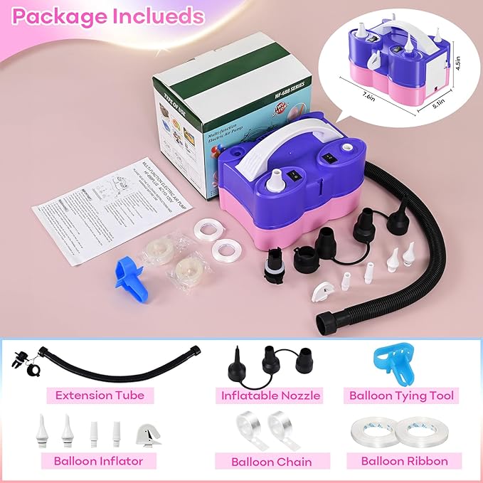 3-in-1 Electric Balloon Pump, Portable Electric Air Pump for All Balloons Inflatables Dual Nozzle Balloon Blower Machine for Latex 260q Foil Balloons 110V AC Inflator Deflator for Inflatable Pool Bed