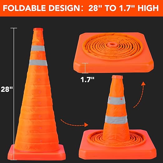 [4 Pack]28 Inch Collapsible Traffic Safety Cones - Parking Cones with Reflective Collars, Orange Safety Cones for Parking lot, Driveway, Driving Training etc