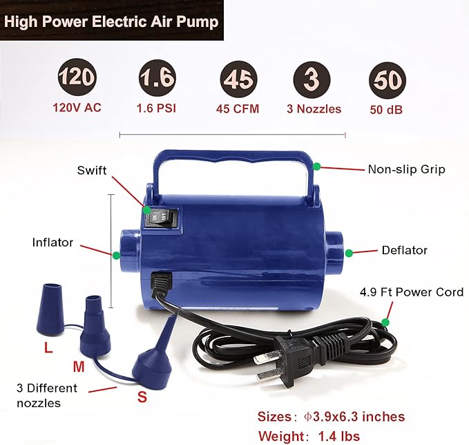 Electric Air Pump for Inflatable Pool Toys - High Power Quick-Fill Air Mattress Inflator Deflator Pump for Pool Float Raft Airbed with 3 Nozzles, 320W, 110V AC, 1.6PSI, Air Flow 26CFM
