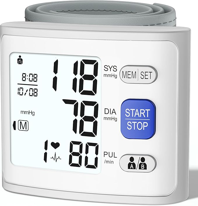 Wrist Blood Pressure Monitor LCD Display, Adjustable Wrist Blood Pressure Cuff 90x2 Reading Memory Wrist Bp Monitor with Storage Case(White)