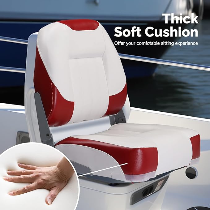 PEXMOR Boat Seats Low/High Back, Folding Boat Seat Included, Fold-Down Fishing Boat Seats Waterproof Captain Boat Seat w/Aluminum Hinges & Thick Soft Cushion, 2 Packs (Low Back-Red & White)