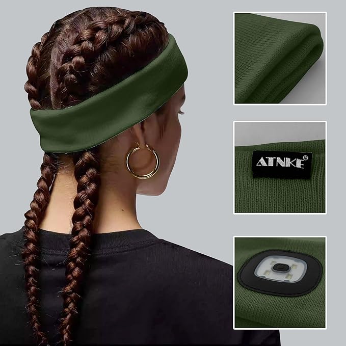 ATNKE 4 LED Lighted Sport Sweatband,USB Rechargeable Running Head Band Lamp High Stretch Wicking Gifts for Men and Women