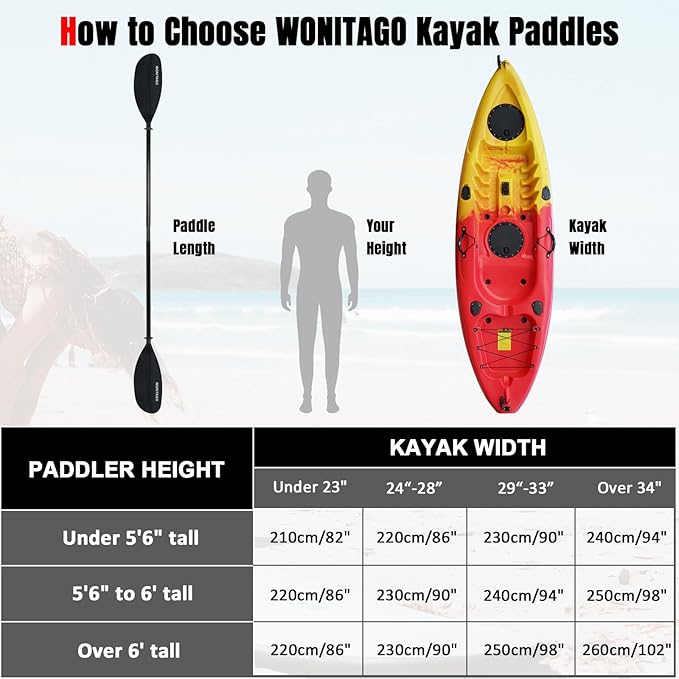 Kayak Paddle with Fiberglass Shaft and Reinforced Nylon Blade, Adjustable Kayaking Oars, 3 Piece, 230-250 cm/90-98 inches, 210-230 cm/82-90 inches