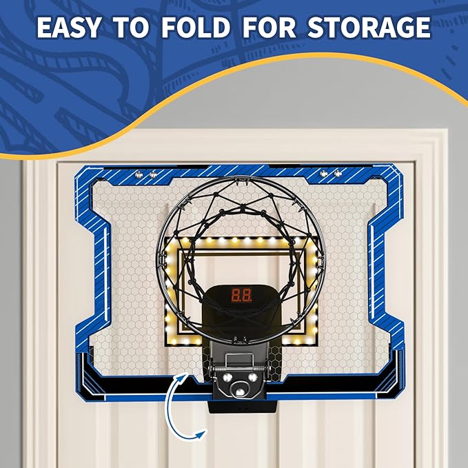 Mini Basketball Hoop Indoor with Scoreboard/LED Light, Glow in The Dark Door Basketball Hoop, Toy Gifts for Kids Boys Girls Teens Adults, Suit for Bedroom/Office/Outdoor/Pool, Blue